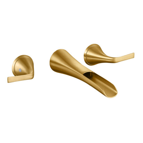 Wall Mount Waterfall Bathroom Faucet Set | Brushed Gold Solid Brass 2-Handle Wall Mounted Sink Mixer Tap for Vanity Lavatory Basin | T-8007